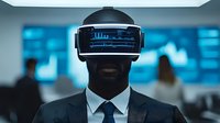 African American businessman wearing virtual reality headset in modern office with blue data visualization screens, representing future technology and digital transformation.