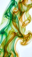 Fluid art with swirling green, amber, and golden liquid flows creating organic wave patterns on white background. Suitable for abstract backgrounds, wallpapers, and modern design projects.