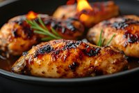 Grilled chicken thighs with caramelized glaze and charred edges, garnished with fresh rosemary sprigs, served in cast iron pan, macro food photography.