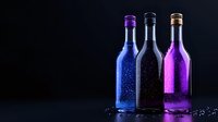 Colorful glass bottles with water drops on dark background, illuminated with blue and purple neon lights creating magical atmosphere for beverage photography.