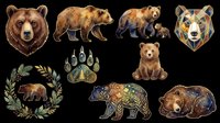 Brown bear head portrait and full body poses isolated on transparent background, ready for t-shirt design, clipart, stickers, sublimation and print-on-demand products.