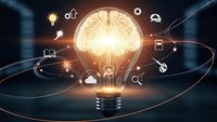 Glowing light bulb with brain inside surrounded by innovation icons and flowing energy lines representing creative thinking and bright ideas.