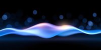 Glowing abstract wave with blue and pink neon light effect on dark background with bokeh circles, modern dynamic design element for technology concepts.