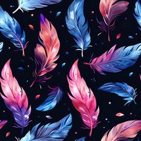 Magical feathers in pink and blue colors floating on dark background create seamless pattern. Glowing cosmic plumes with gradient effect and sparkles for fabric design.