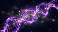 Purple glowing DNA double helix structure floating in cosmic space with stars and nebula background for genetics research and biotechnology concepts.