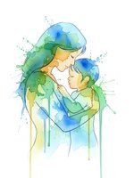 Watercolor mother holding baby with flowing blue and green paint splashes on white background for greeting cards and family designs.