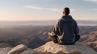 Man in hoodie meditating on mountain peak at sunset with panoramic valley view. Peaceful mindfulness practice in nature for wellness and spiritual growth.