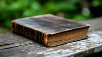 Weathered antique leather-bound book with worn cover and aged pages resting on rustic wooden surface against blurred natural green background.