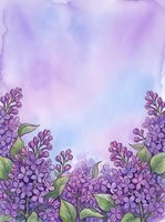 Watercolor lilac flowers with green leaves border bottom frame against soft purple and blue gradient wash background, suitable for spring greeting cards, floral stationery design, and botanical artwork projects.