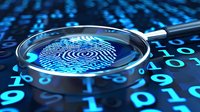 Magnifying glass examining digital fingerprint on binary code background, highlighting cybersecurity and biometric authentication in modern technology.