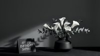 Elegant black and white still life with eucalyptus branches in dark vase and greeting card on wooden surface creating sophisticated monochrome composition.