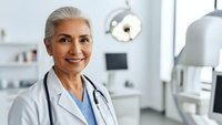Confident mature female doctor with gray hair smiling in modern dental office with equipment and bright lighting for healthcare marketing.