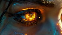 Extreme close up of human eye with burning city reflection in iris, dramatic lighting creates surreal apocalyptic atmosphere with orange flames and blue tones.