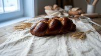 Fresh baked braided challah bread on rustic wooden table with wheat stalks in cozy kitchen setting for bakery and homemade cooking concepts.
