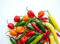 Colorful assortment of fresh hot chili peppers in various shapes and sizes on white background. Spicy cooking ingredients for culinary recipes.
