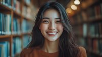 Young Asian woman with bright smile and long dark hair in brown sweater standing in library with bookshelves and warm lighting in background. Natural lifestyle portrait.