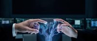 Two business hands reaching toward glowing digital brain circuit pattern representing artificial intelligence collaboration and technology partnership.