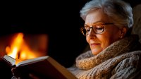 Senior woman with glasses reading book by warm fireplace in cozy knit sweater creating peaceful evening atmosphere for relaxation and leisure activities.