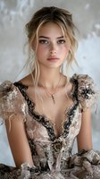 Young Caucasian woman in vintage beige lace dress with black trim, wearing delicate necklace. Soft natural makeup and romantic updo with loose strands frame face against light background.