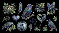 Colorful hummingbirds and songbirds with nests, feathers, berries, hearts, and foliage elements isolated on transparent background. Ready for t-shirt designs, clipart, stickers, sublimation, and print-on-demand projects.