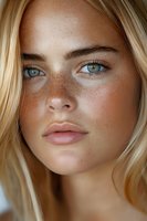 Close up portrait of young blonde woman with natural freckles, blue eyes and minimal makeup showing pure natural beauty. Soft daylight illuminates flawless skin.