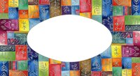 Colorful mosaic tiles with botanical leaf patterns in vibrant hues surrounding white oval space, isolated on transparent background for design projects.