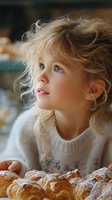 Young girl with blonde curly hair and blue eyes wearing white knitted sweater with floral embroidery gazes upward dreamily near fresh baked croissants.
