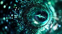 Digital tunnel with glowing turquoise particles and light effects forming a circular vortex pattern against dark background, creating futuristic cyber motion effect.