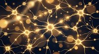 Golden neural network with glowing synapses and connections on dark background. Brain cells firing electrical impulses for medical and scientific concepts.
