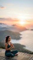 Woman practicing yoga meditation on wooden deck overlooking mountain lake at sunrise, wellness and mindfulness lifestyle for travel and health content.