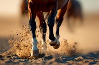 Powerful horse hooves kicking up sand and dirt during intense galloping motion at golden hour sunset creating dynamic dust clouds for equestrian sports content.