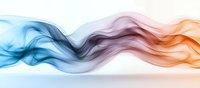 Abstract flowing smoke waves in blue and orange colors creating dynamic motion effect against white background, panoramic composition for modern design projects.