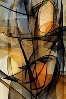 Abstract geometric composition featuring intersecting curved lines and angular shapes in warm amber, black, and cream tones creating dynamic movement and depth.