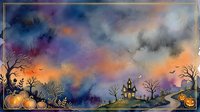 Halloween night scene with spooky haunted house, bare trees, jack-o-lanterns and dramatic purple orange sky for seasonal holiday designs and decorations.