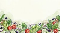 Fresh salad ingredients arranged in a decorative border with tomato slices, cucumber, olives, basil leaves and onion rings on white background for culinary design.