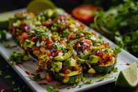 Mexican street corn elotes with lime, chili powder, cilantro and cotija cheese on white plate. Fresh grilled corn kernels topped with colorful seasonings and herbs.