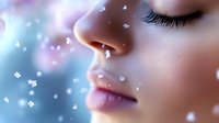 Close up profile view of soft feminine features with pink lips and long eyelashes against dreamy blue background with floating sparkles and bokeh effects creating magical atmosphere.