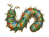 Ornate segmented caterpillar with decorative emerald, gold, and crimson patterns, featuring curled antennae and spiky protrusions, isolated on white background for design projects.