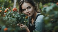 Young woman with gentle smile tending to orange roses in garden, wearing casual attire. Natural outdoor setting with soft bokeh effect creates peaceful gardening atmosphere.