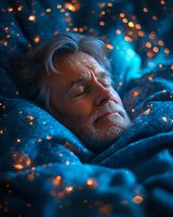 Senior Caucasian man sleeping peacefully wrapped in blue blanket, illuminated by magical orange bokeh lights and cyan glow, creating dreamy atmosphere.