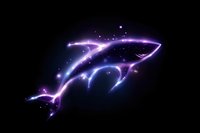 Glowing neon shark silhouette with purple and blue light effects on black background, sparkling particles create magical underwater atmosphere.