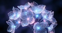 Glowing translucent flowers with luminous petals creating magical ethereal effect against dark blue background for fantasy design projects.
