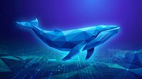 Digital blue whale swimming through futuristic cyber ocean with glowing circuit patterns and technological grid elements in modern abstract style.