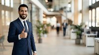 Confident young Middle Eastern businessman in navy suit giving thumbs up gesture in modern office lobby with blurred colleagues and plants.