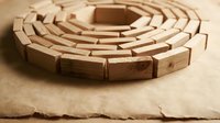 Wooden spiral maze puzzle game with natural wood blocks arranged in circular pattern on rustic surface for brain training and problem solving activities.
