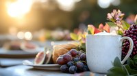 Fresh grapes and white coffee mug on rustic wooden table with soft bokeh background and morning sunlight, cozy autumn breakfast setting with seasonal fruits.