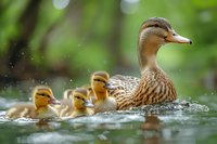 Female mallard duck swimming with three ducklings in natural pond water. Splashing water droplets create dynamic scene against blurred green background.