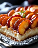 Fresh plum slices arranged in rows top creamy vanilla custard on graham cracker crust, served on ornate silver platter with garnish for elegant dessert presentation.