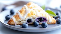Fresh blueberry danish pastry with vanilla glaze drizzle on gray ceramic plate, garnished with ripe berries and mint leaves, macro food photography.