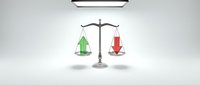 Scales of justice balancing green upward arrow against red downward arrow, symbolizing profit versus loss, financial gains versus losses, market trends, business performance evaluation.